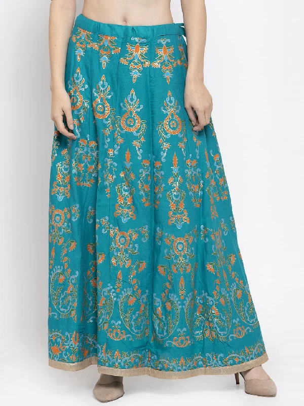 Wahe-NOOR Women's Turquoise Printed Flared Rayon Maxi Skirt