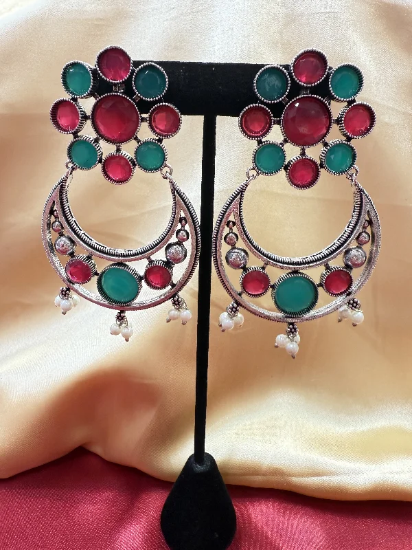 Alluring  Green And Magenta Stone multicolor  Designer Oxidized Earrings For Women