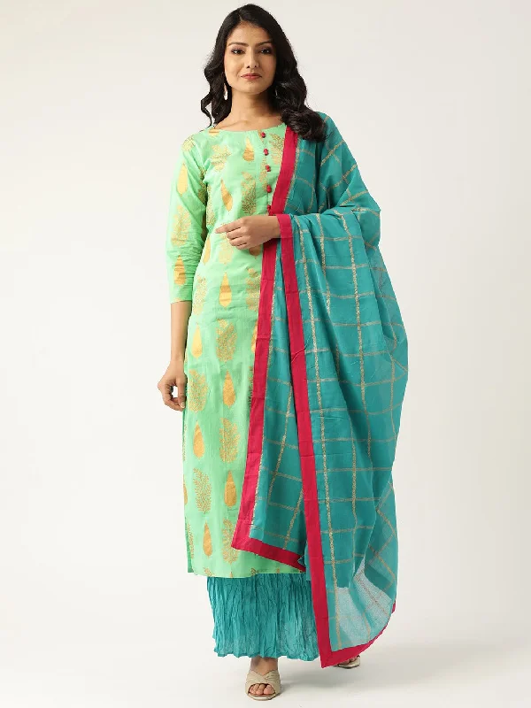 NOZ2TOZ Women Green & Turquoise Blue Printed Kurta with Skirt & Dupatta