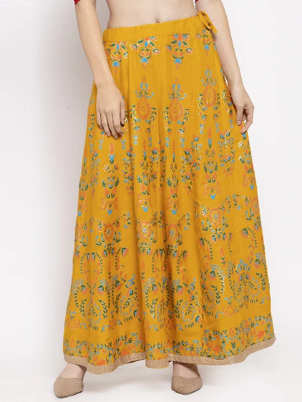 Wahe-NOOR Women's Mustard Printed Flared Rayon Maxi Skirt