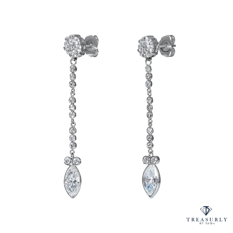 GIA 2.84ct Marquise and Round Diamond Drop Dangling 14k White Gold Earrings