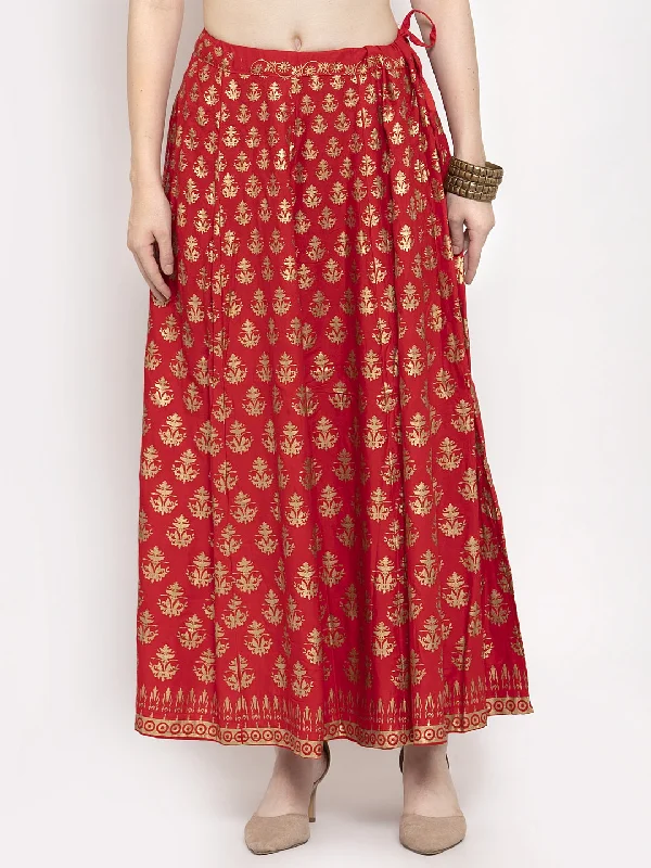 Wahe-NOOR Women's Red Floral Printed Rayon Skirt