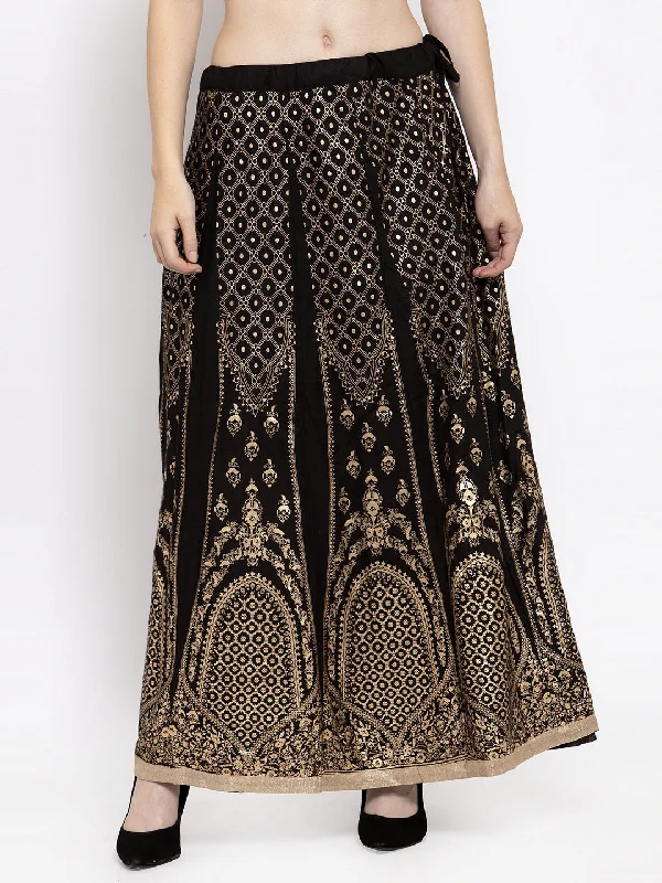 Wahe-NOOR Women's Black Printed Flared Rayon Skirt