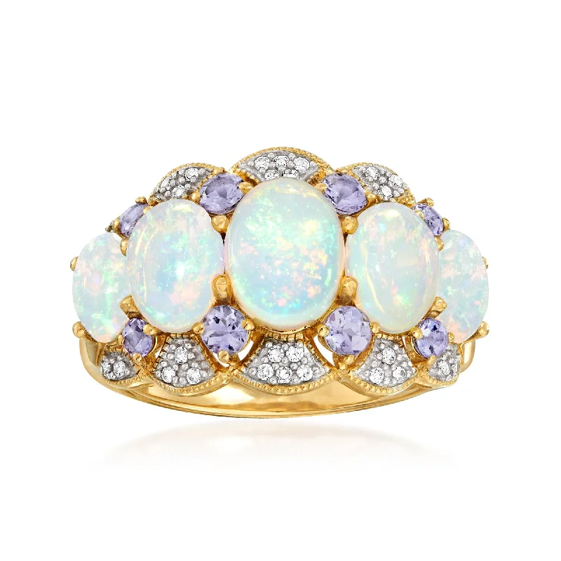 Ross-Simons Ethiopian Opal and Tanzanite Ring With Diamonds in 14kt Yellow Gold