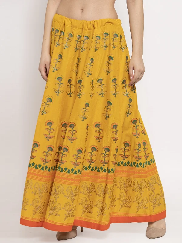 Wahe-NOOR Women's Mustard Printed Rayon Skirt