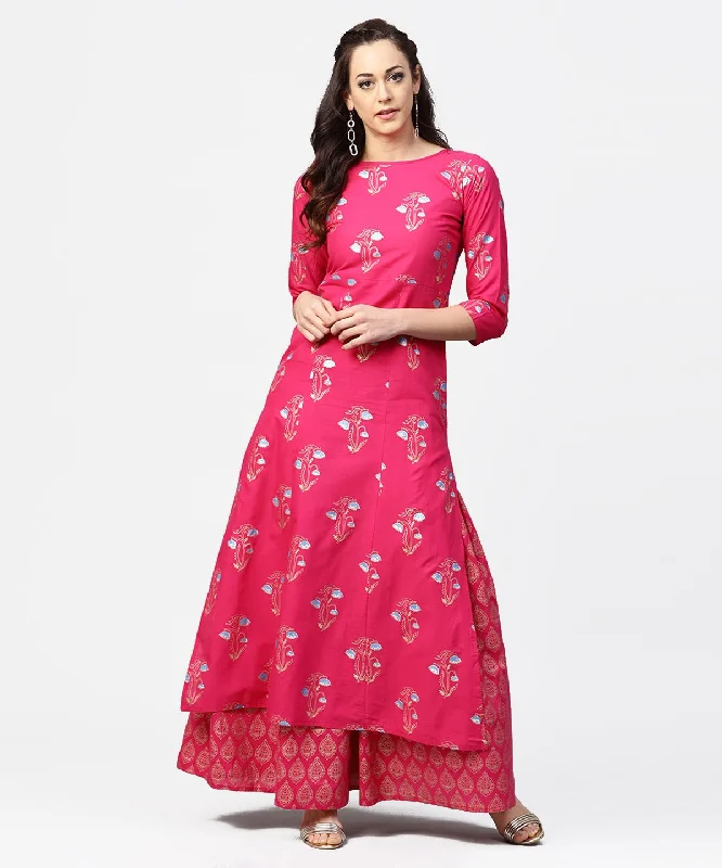 NOZ2TOZ Pink Printed 3/4Th Sleeve Cotton Kurta With Printed Skirt