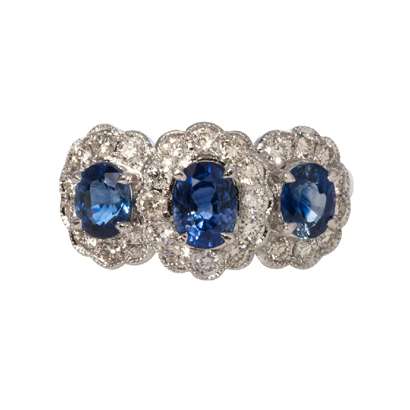 Three-Stone Oval Sapphire & Diamond Halo 14K White Gold Ring