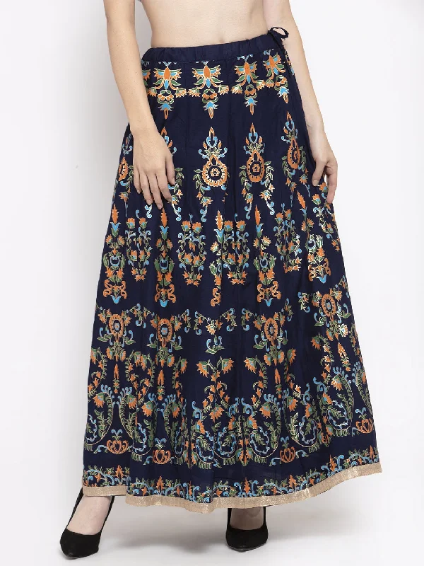 Wahe-NOOR Women's Navy Blue Printed Flared Rayon Maxi Skirt