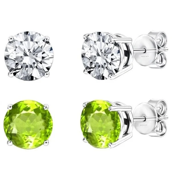 Set of Two Sterling Silver Stud Earring with Natural Peridot and White Topaz