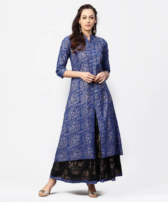 NOZ2TOZ Blue Printed 3/4Th Sleeve A-Line Kurta With Black Flared Skirt