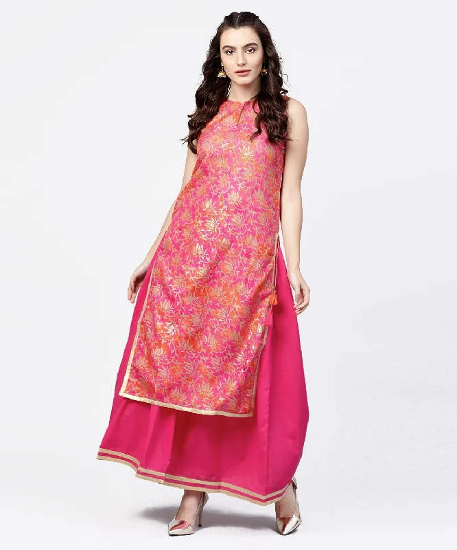 NOZ2TOZ Pink Printed Boat Neck Sleeveless Kurta With A Solid Dye Skirt