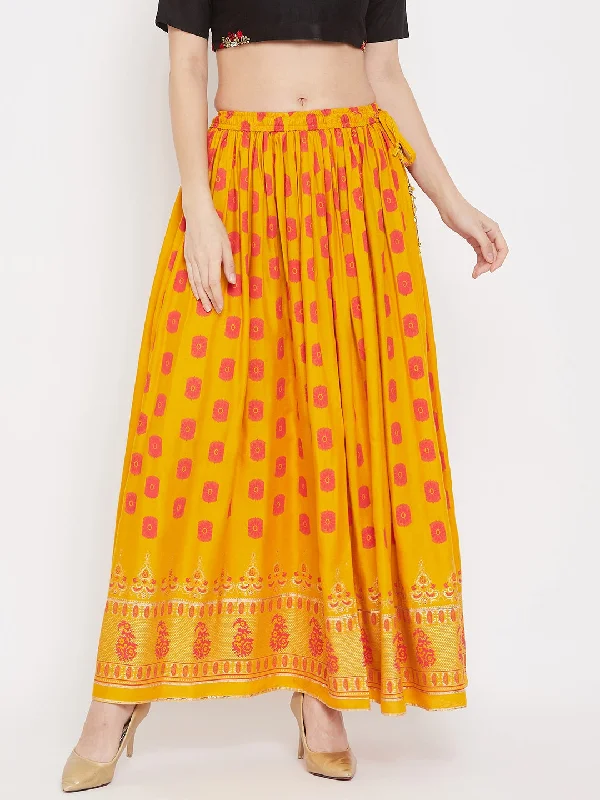 Wahe-NOOR Women's Mustard Flared Printed Skirt