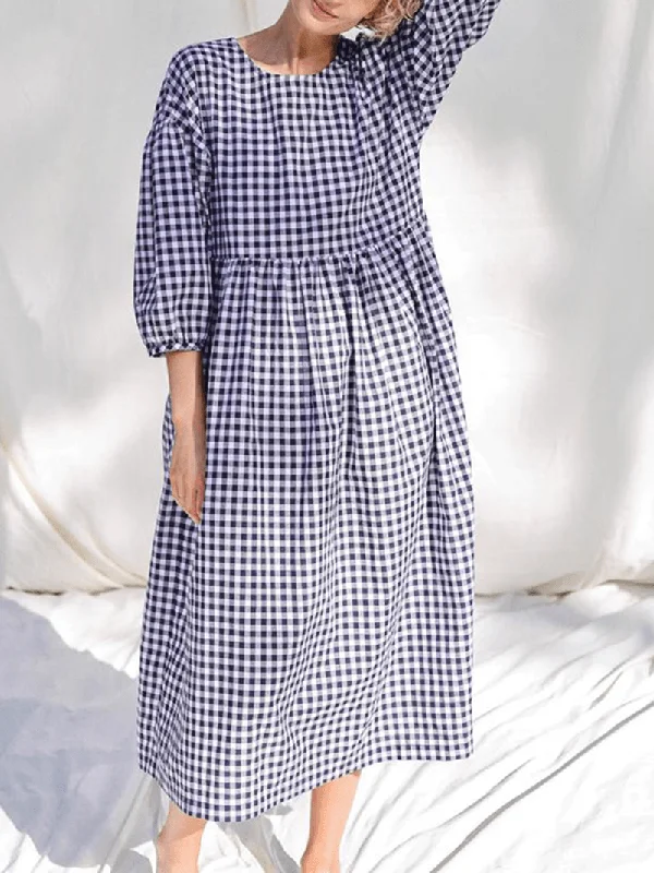 Women Plaid Print Pleated round Neck Casual Half Sleeve Midi Dresses