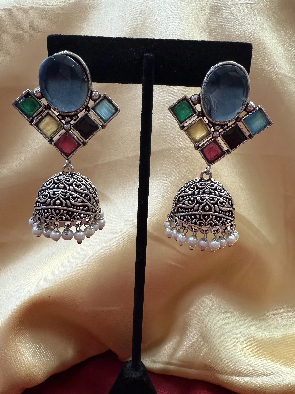 Alluring  Blue Stone multicolor Jhumka  Designer Oxidized Earrings For Women