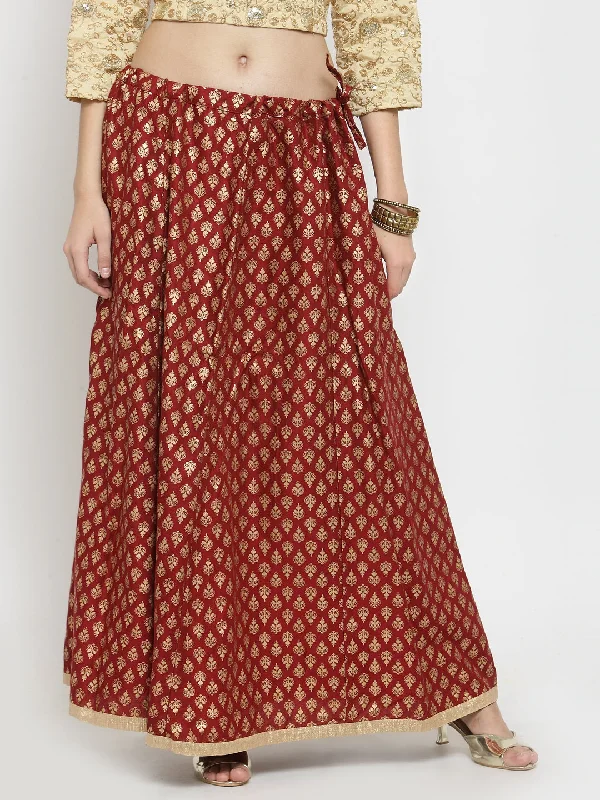 Wahe-NOOR Women's Maroon Printed Rayon Flared Skirt