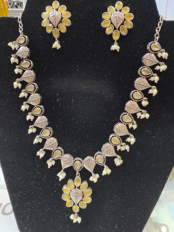 Attractive Light Yellow Color Silver Plated Oxidized Necklace With Pearl Drop Earrings