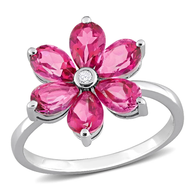 Mimi & Max Womens 2 4/5ct TGW Pear Shape Pink Topaz and Diamond Accent Floral Ring in 10k White Gold