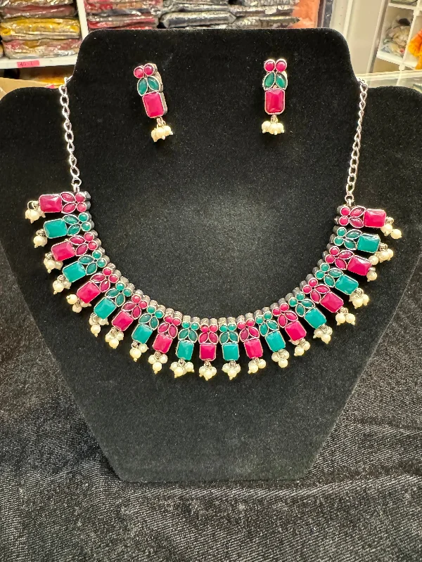 Attractive Green and Pink Color Stone Design Oxidized With Pearl Beads Necklace With Earrings Sets