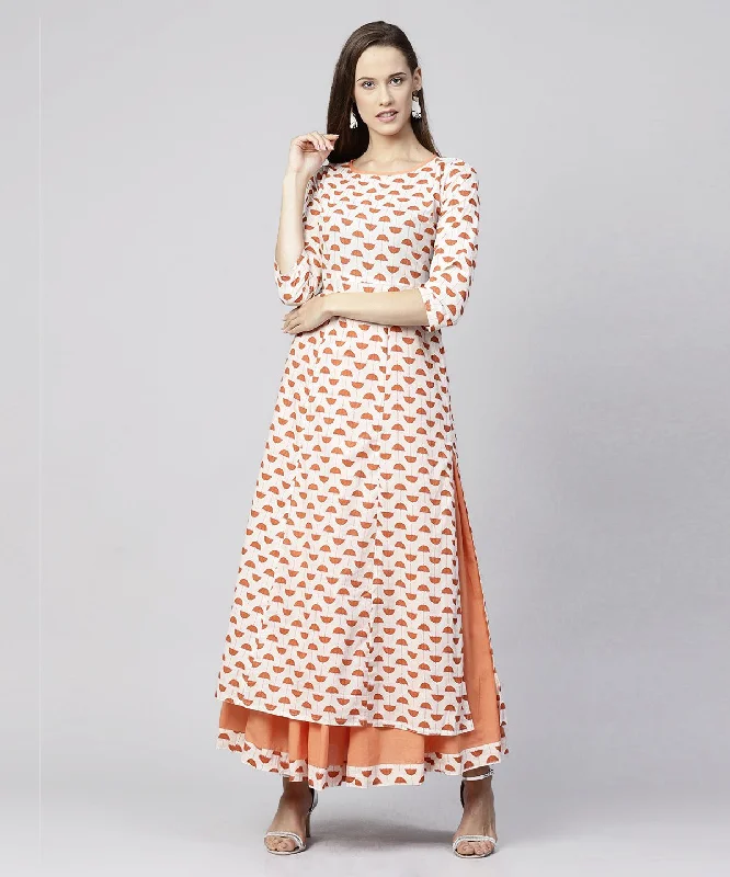 NOZ2TOZ Off White Printed 3/4Th Sleeve Cotton Kurta With Ankle Length Flared Skirt