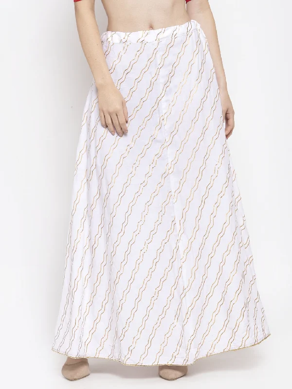 Wahe-NOOR Women's White Printed Flared Rayon Maxi Skirt