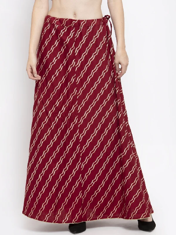 Wahe-NOOR Women's Maroon Printed Flared Rayon Maxi Skirt