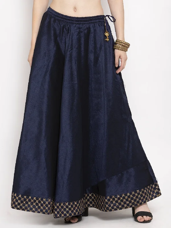 Wahe-NOOR Women's Navy Blue Flared Embellished Skirt