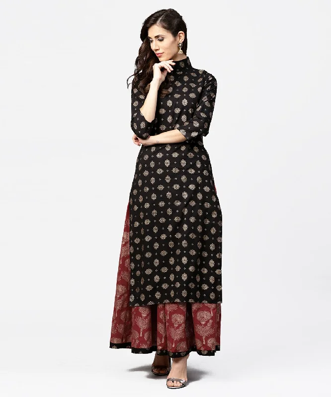 NOZ2TOZ Black Printed 3/4Th Sleeve Cotton Kurta With Red Printed Flared Skirt