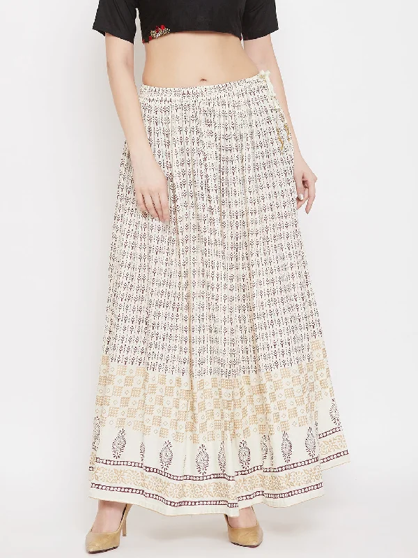 Wahe-NOOR Women's Cream Printed Rayon Skirt