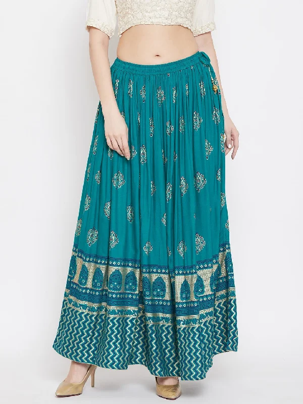 Wahe-NOOR Women's Turquoise Flared Printed Maxi Skirt