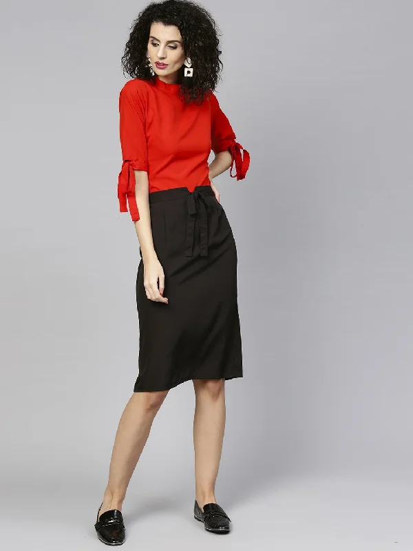 NOZ2TOZ Women Orange & Black Solid Top with Skirt