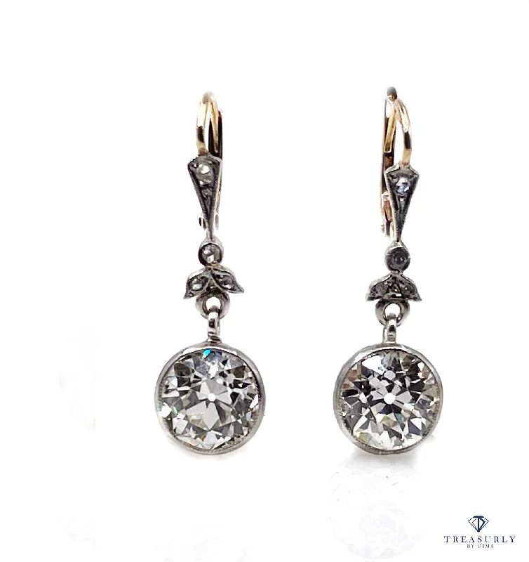 French Belle Époque GIA 5.05ctw Old European cut Diamonds Solitaire Dangling Plat 18K Earrings