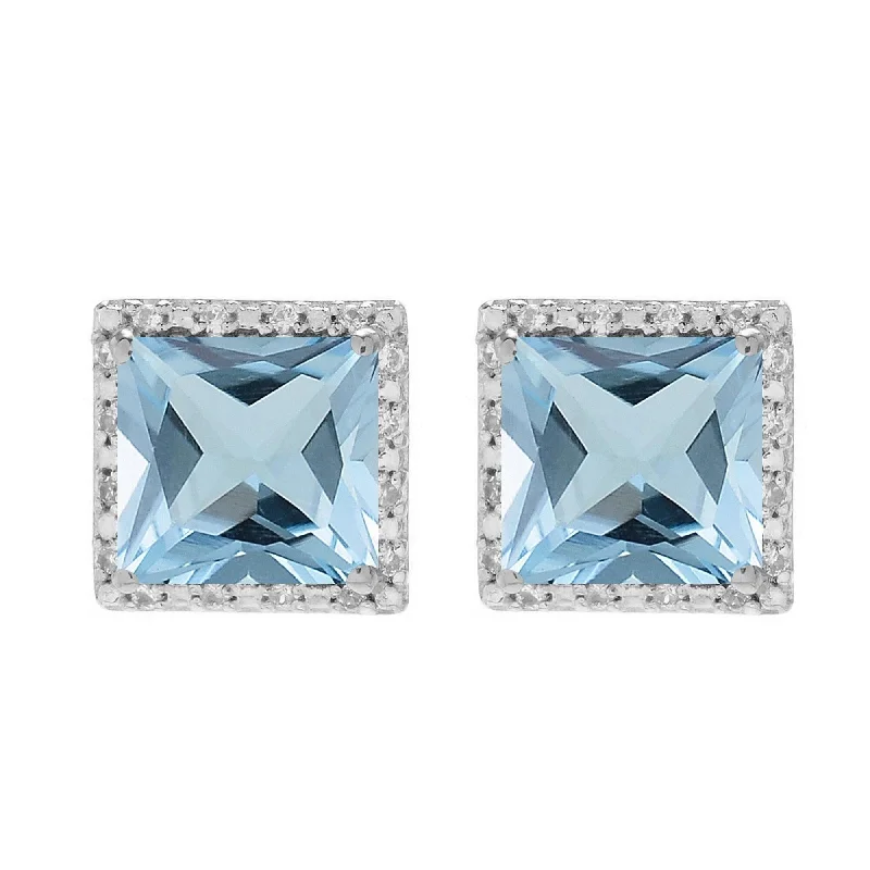 Sterling Silver Natural Sky Blue Topaz and White Topaz Halo Stud Earring