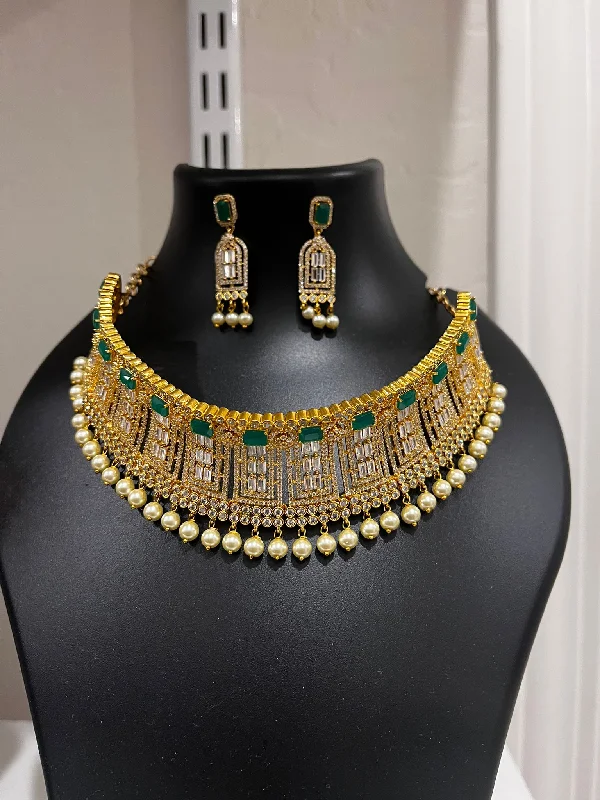 Exquisite Green And White Color Stone Designed AD Necklace Set And Earrings With Beads