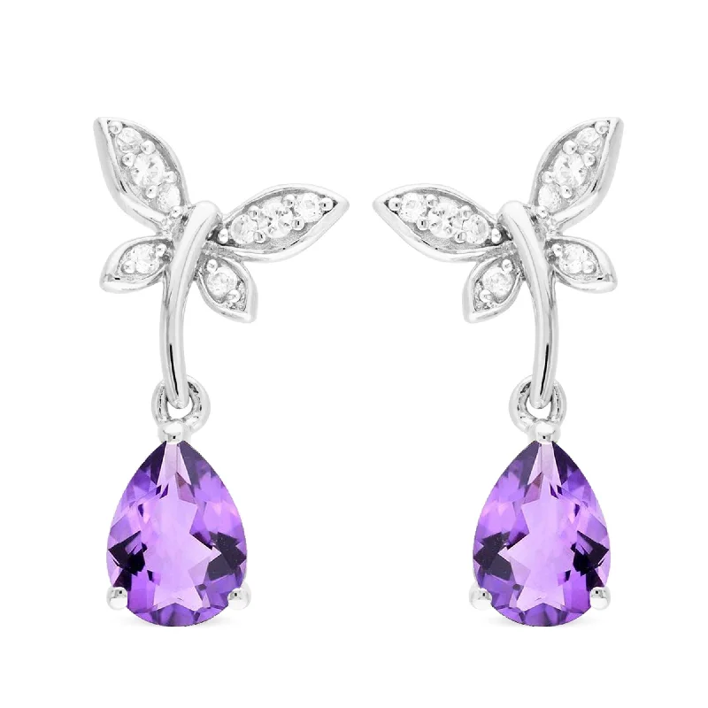 Sterling Silver with Natural Amethyst and White Topaz Drop Earring