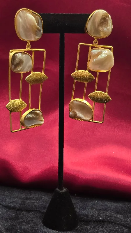 White Marble Earrings With Gold Outline