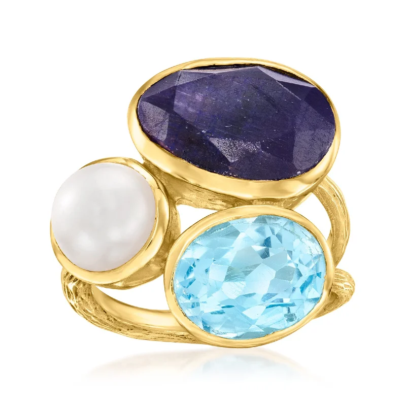 Ross-Simons 8mm Cultured Pearl, Sapphire and Sky Blue Topaz Ring in 18kt Gold Over Sterling