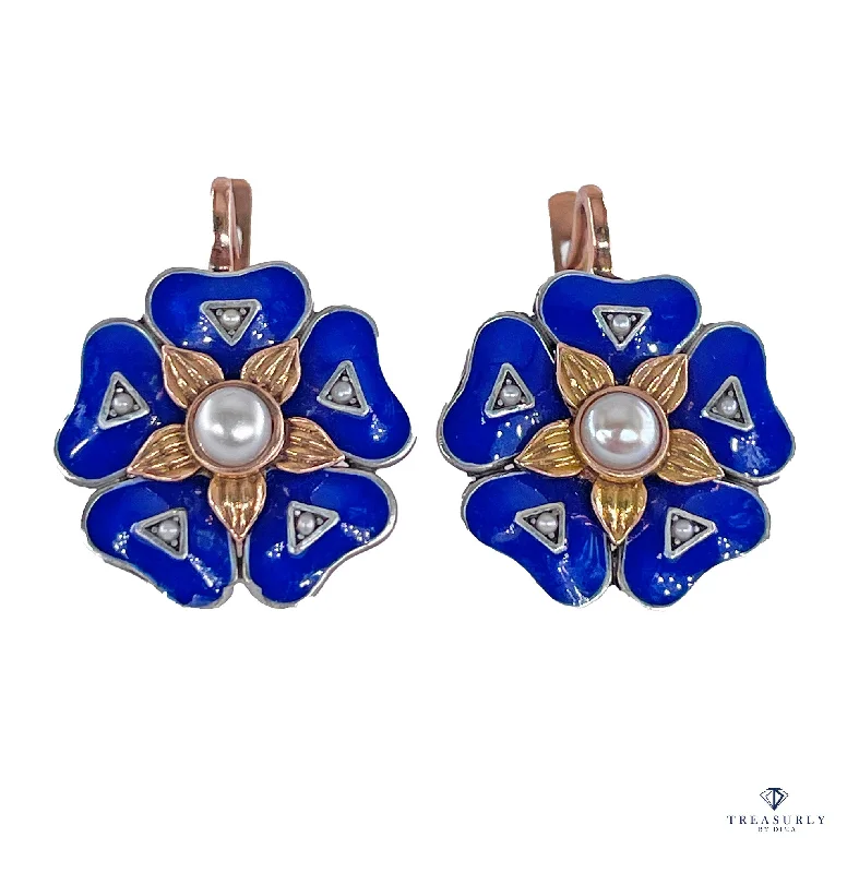 IMPERIAL RUSSIAN 14k Rose Gold Flower Pearls Blue Guilloche Enamel Drop Earrings