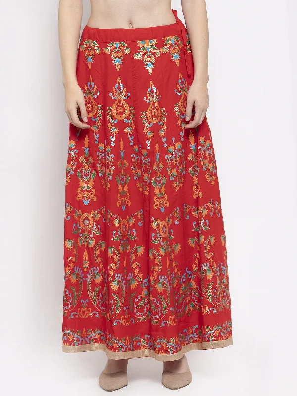 Wahe-NOOR Women's Red Printed Flared Rayon Maxi Skirt