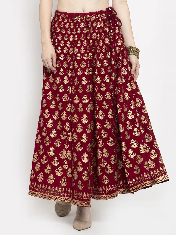 Wahe-NOOR Women's Maroon Floral Printed Rayon Skirt