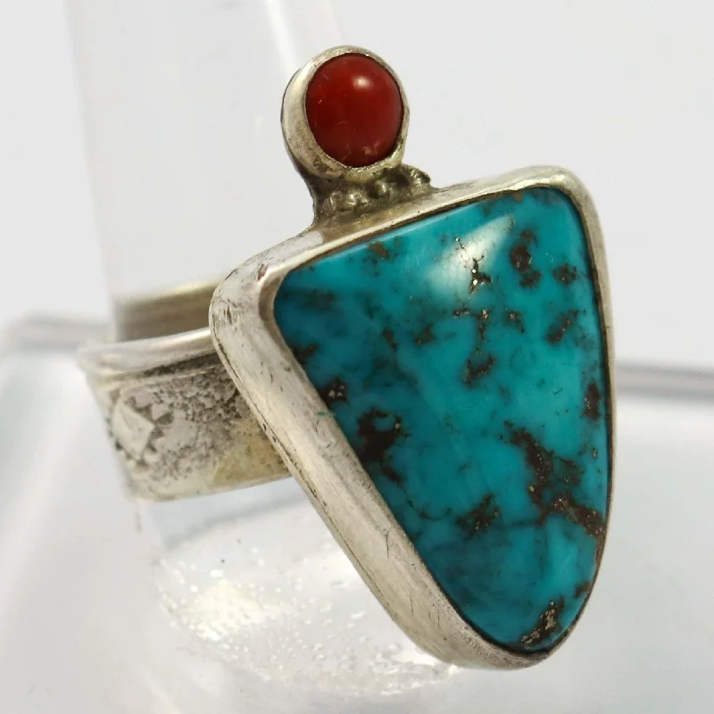 Kingman Turquoise and Coral Ring