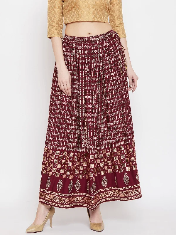 Wahe-NOOR Women's Maroon Printed Rayon Skirt