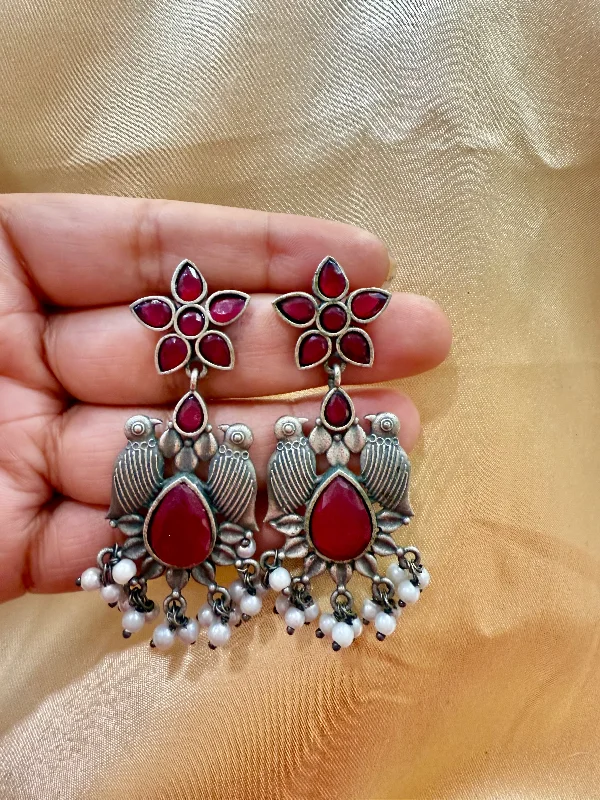 Appealing Oxidized Red Stone And Beaded Work Bird Designs Earrings For Women