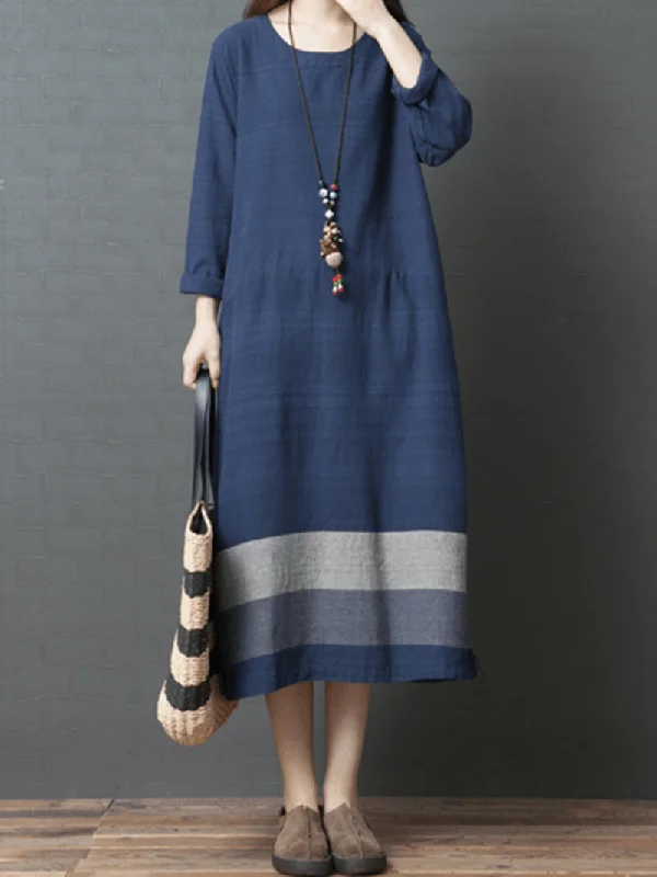 Vintage Women Loose Cotton Linen Striped Patchwork Dress