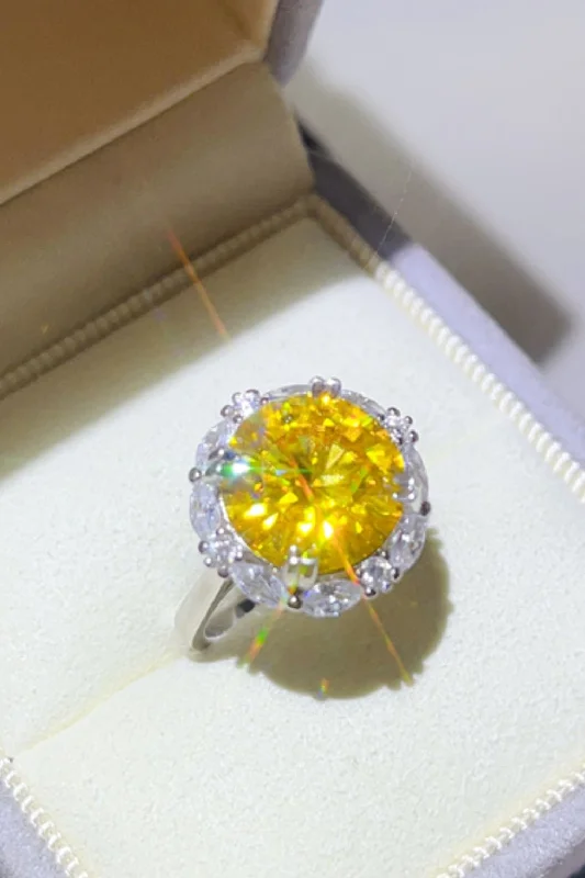 Silver Ring 5 Carat Moissanite Yellow Stone Round 925 Sterling Platinum-plated