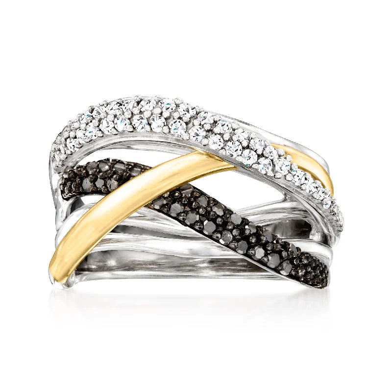 Ross-Simons Black and White Diamond Highway Ring in Sterling Silver and 14kt Yellow Gold