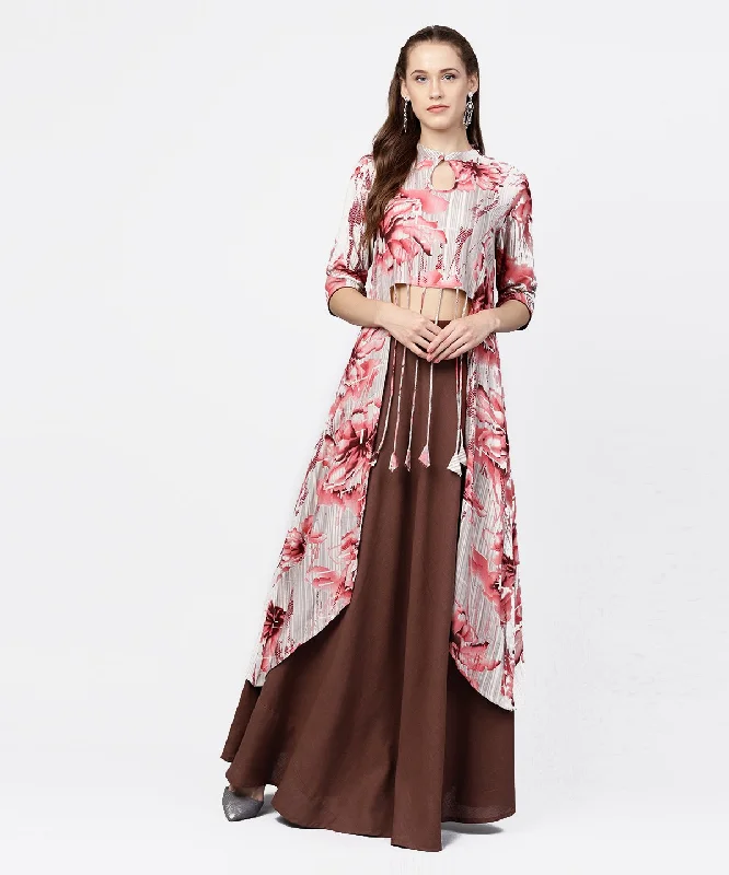 NOZ2TOZ Grey Printed Key Hole 3/4Th Sleeve Front Slit Asymmetrical Kurta With Solid Brown Skirt