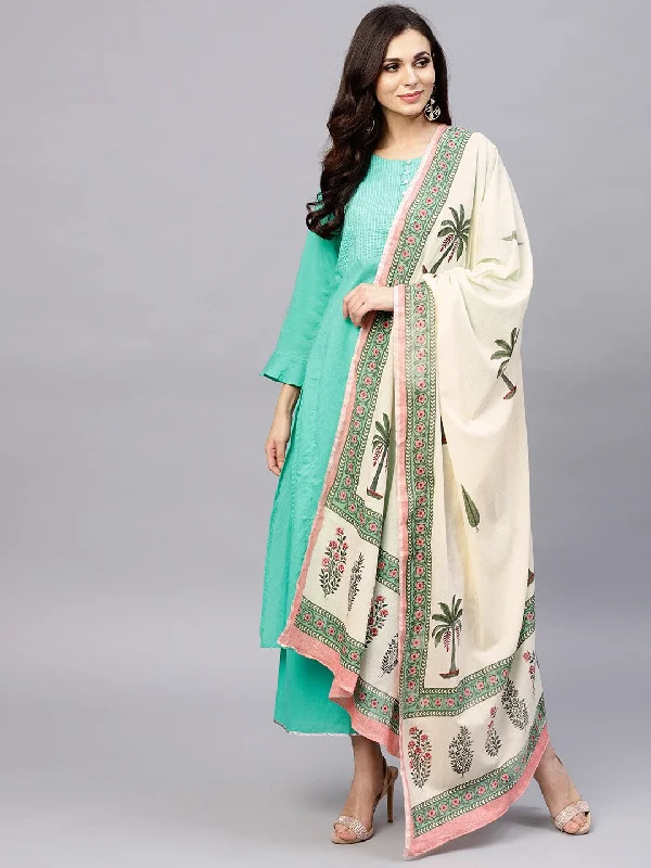 Wahe-NOOR Women's Green & Off-White Yoke Design Kurta With Palazzos & Dupatta