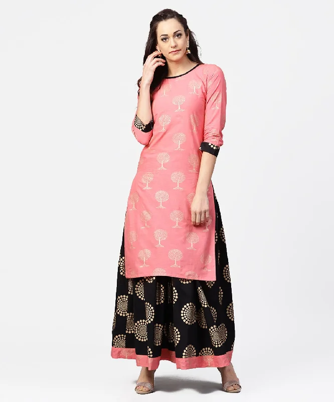 NOZ2TOZ Peach 3/4Th Sleeve Cotton Printed Kurta With Black Printed Ankle Length Skirt