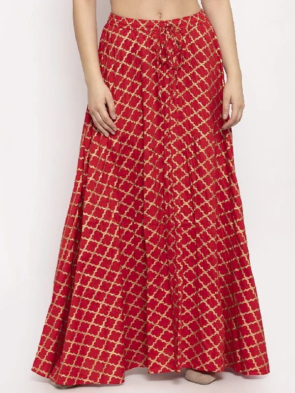 Wahe-NOOR Women's Red Printed Rayon Skirt