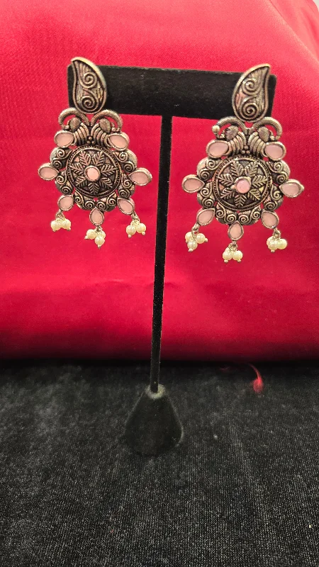 Flower Design Pink Oxidized Earrings